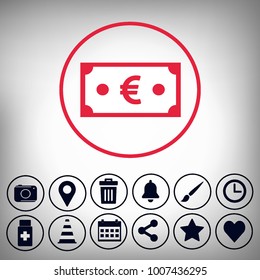 red money,and camera, location,trash,bell,brush,clock,drugs,cone,calendar,share,star,heart, set icons