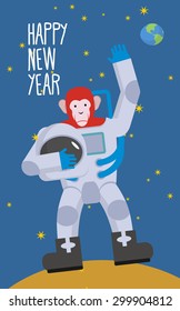 Red Monkey astronaut waving hand. Happy new year. Chimpanzees in spacesuit stands on  Moon in space. Vector illustration