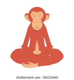 Red Monkey in the lotus position in quiet meditation. vector illustration on a postcard