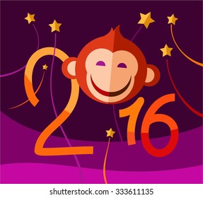 Red monkey, new year greeting card. Christmas card with red monkey. Color vector flat picture. 