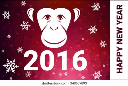 red monkey postcard low polygon style christmas tree vector illustration consisting of triangles.Abstract triangular polygonal origami or crystal design of New Years celebration.