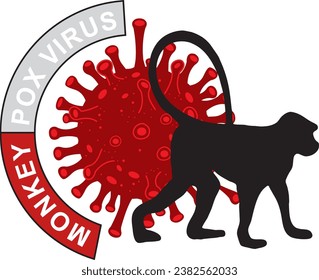 Red monkey pox virus isolated on white background with MONKEY SILHOUETTE