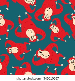 Red monkey seamless pattern. Funny Gorilla character new year Chinese calendar. Texture of jungle animal.
