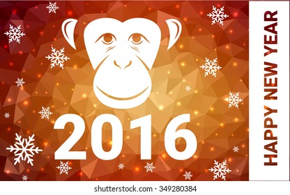 red monkey silhouette postcard low poly style with white snow vector illustration consisting of triangles. Abstract triangular polygonal origami or crystal background of New Years celebration.