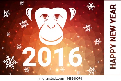 red monkey silhouette postcard low poly style with white snow vector illustration consisting of triangles. Abstract triangular polygonal origami or crystal background of New Years celebration.