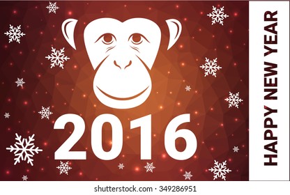 red monkey silhouette postcard low poly style with white snow vector illustration consisting of triangles. Abstract triangular polygonal origami or crystal background of New Years celebration.