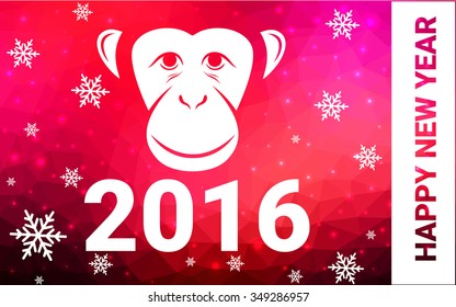 red monkey silhouette postcard low poly style with white snow vector illustration consisting of triangles. Abstract triangular polygonal origami or crystal background of New Years celebration.