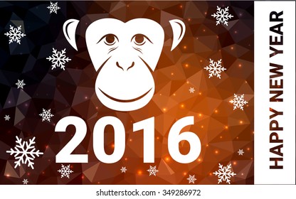 red monkey silhouette postcard low poly style with white snow vector illustration consisting of triangles. Abstract triangular polygonal origami or crystal background of New Years celebration.