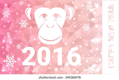 red monkey silhouette postcard low poly style with white snow vector illustration consisting of triangles. Abstract triangular polygonal origami or crystal background of New Years celebration.