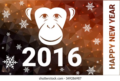 red monkey silhouette postcard low poly style with white snow vector illustration consisting of triangles. Abstract triangular polygonal origami or crystal background of New Years celebration.