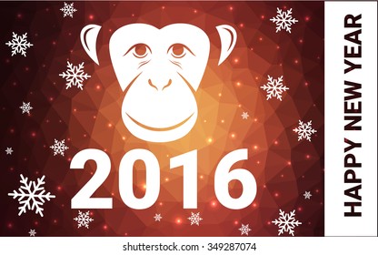 red monkey silhouette postcard low poly style with white snow vector illustration consisting of triangles. Abstract triangular polygonal origami or crystal background of New Years celebration.
