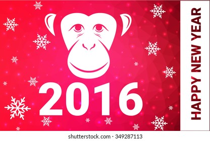 red monkey silhouette postcard low poly style with white snow vector illustration consisting of triangles. Abstract triangular polygonal origami or crystal background of New Years celebration.