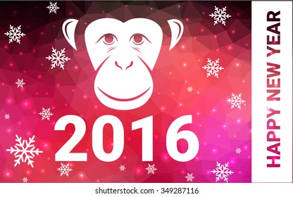 red monkey silhouette postcard low poly style with white snow vector illustration consisting of triangles. Abstract triangular polygonal origami or crystal background of New Years celebration.