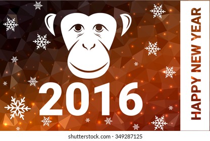 red monkey silhouette postcard low poly style with white snow vector illustration consisting of triangles. Abstract triangular polygonal origami or crystal background of New Years celebration.