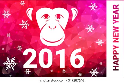 red monkey silhouette postcard low poly style with white snow vector illustration consisting of triangles. Abstract triangular polygonal origami or crystal background of New Years celebration.