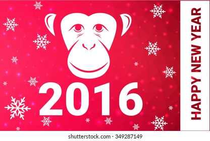 red monkey silhouette postcard low poly style with white snow vector illustration consisting of triangles. Abstract triangular polygonal origami or crystal background of New Years celebration.
