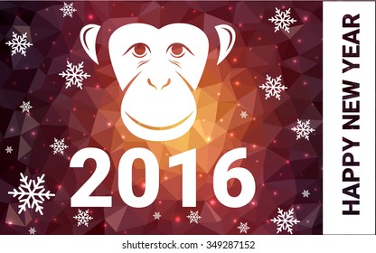 red monkey silhouette postcard low poly style with white snow vector illustration consisting of triangles. Abstract triangular polygonal origami or crystal background of New Years celebration.