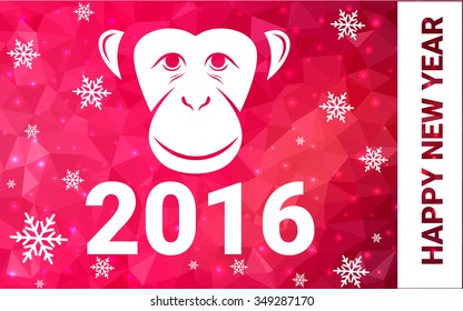 red monkey silhouette postcard low poly style with white snow vector illustration consisting of triangles. Abstract triangular polygonal origami or crystal background of New Years celebration.