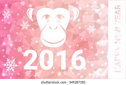 red monkey silhouette postcard low poly style with white snow vector illustration consisting of triangles. Abstract triangular polygonal origami or crystal background of New Years celebration.