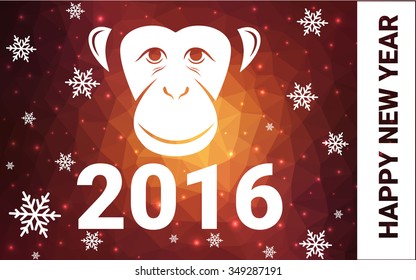 red monkey silhouette postcard low poly style with white snow vector illustration consisting of triangles. Abstract triangular polygonal origami or crystal background of New Years celebration.