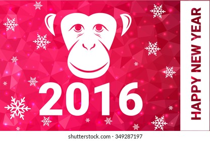 red monkey silhouette postcard low poly style with white snow vector illustration consisting of triangles. Abstract triangular polygonal origami or crystal background of New Years celebration.
