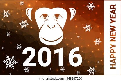 red monkey silhouette postcard low poly style with white snow vector illustration consisting of triangles. Abstract triangular polygonal origami or crystal background of New Years celebration.