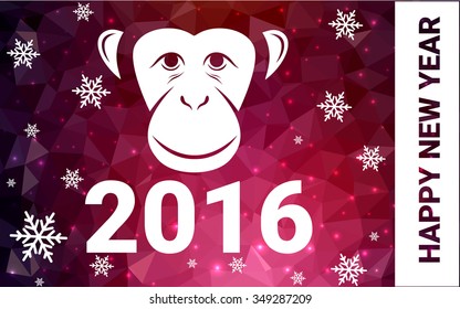 red monkey silhouette postcard low poly style with white snow vector illustration consisting of triangles. Abstract triangular polygonal origami or crystal background of New Years celebration.