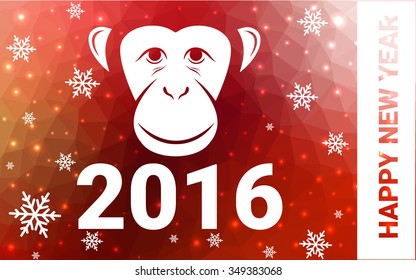 red monkey silhouette postcard low poly style with white snow vector illustration consisting of triangles. Abstract triangular polygonal origami or crystal background of New Years celebration.