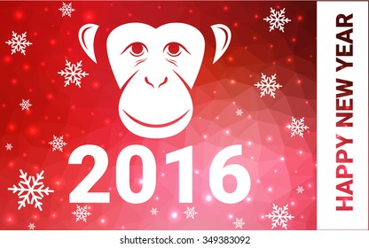 red monkey silhouette postcard low poly style with white snow vector illustration consisting of triangles. Abstract triangular polygonal origami or crystal background of New Years celebration.