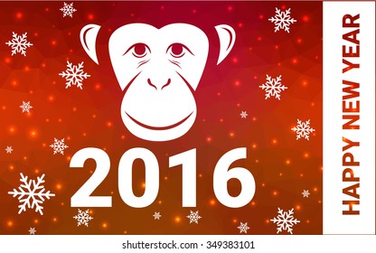 red monkey silhouette postcard low poly style with white snow vector illustration consisting of triangles. Abstract triangular polygonal origami or crystal background of New Years celebration.