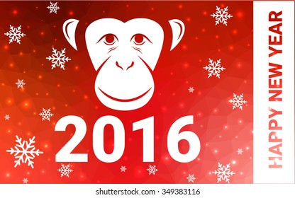 red monkey silhouette postcard low poly style with white snow vector illustration consisting of triangles. Abstract triangular polygonal origami or crystal background of New Years celebration.