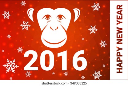 red monkey silhouette postcard low poly style with white snow vector illustration consisting of triangles. Abstract triangular polygonal origami or crystal background of New Years celebration.