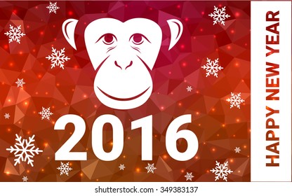 red monkey silhouette postcard low poly style with white snow vector illustration consisting of triangles. Abstract triangular polygonal origami or crystal background of New Years celebration.