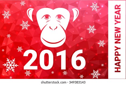 red monkey silhouette postcard low poly style with white snow vector illustration consisting of triangles. Abstract triangular polygonal origami or crystal background of New Years celebration.