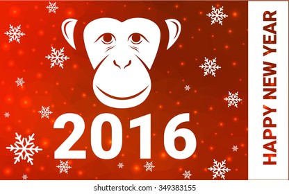 red monkey silhouette postcard low poly style with white snow vector illustration consisting of triangles. Abstract triangular polygonal origami or crystal background of New Years celebration.
