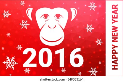 red monkey silhouette postcard low poly style with white snow vector illustration consisting of triangles. Abstract triangular polygonal origami or crystal background of New Years celebration.