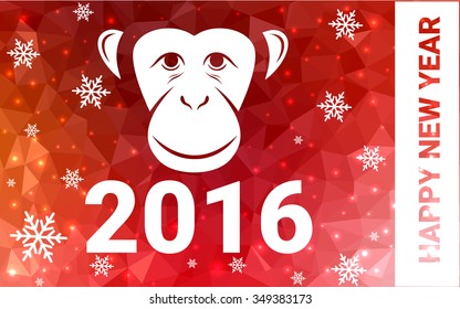 red monkey silhouette postcard low poly style with white snow vector illustration consisting of triangles. Abstract triangular polygonal origami or crystal background of New Years celebration.