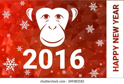 red monkey silhouette postcard low poly style with white snow vector illustration consisting of triangles. Abstract triangular polygonal origami or crystal background of New Years celebration.