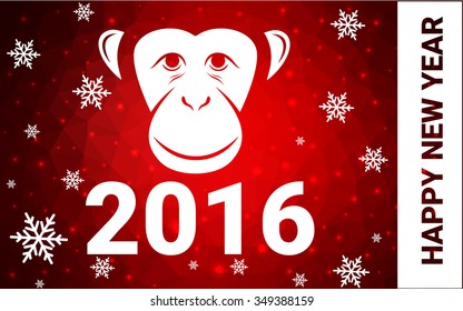 red monkey silhouette postcard low poly style with white snow vector illustration consisting of triangles. Abstract triangular polygonal origami or crystal background of New Years celebration.