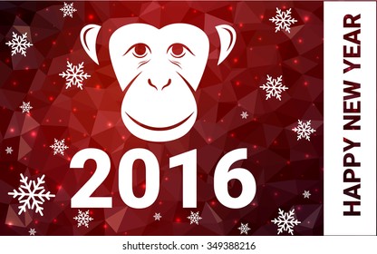 red monkey silhouette postcard low poly style with white snow vector illustration consisting of triangles. Abstract triangular polygonal origami or crystal background of New Years celebration.