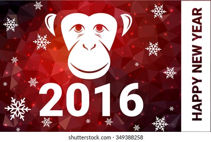 red monkey silhouette postcard low poly style with white snow vector illustration consisting of triangles. Abstract triangular polygonal origami or crystal background of New Years celebration.