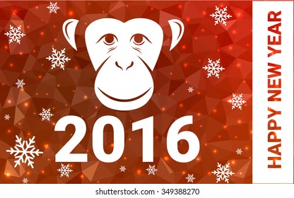 red monkey silhouette postcard low poly style with white snow vector illustration consisting of triangles. Abstract triangular polygonal origami or crystal background of New Years celebration.