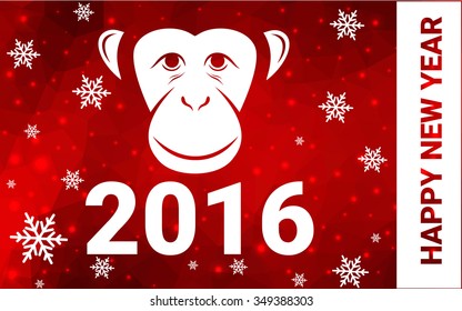 red monkey silhouette postcard low poly style with white snow vector illustration consisting of triangles. Abstract triangular polygonal origami or crystal background of New Years celebration.