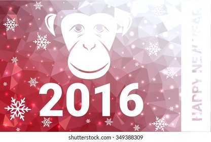 red monkey silhouette postcard low poly style with white snow vector illustration consisting of triangles. Abstract triangular polygonal origami or crystal background of New Years celebration.