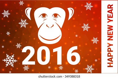 red monkey silhouette postcard low poly style with white snow vector illustration consisting of triangles. Abstract triangular polygonal origami or crystal background of New Years celebration.