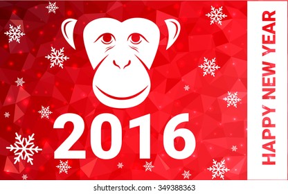 red monkey silhouette postcard low poly style with white snow vector illustration consisting of triangles. Abstract triangular polygonal origami or crystal background of New Years celebration.
