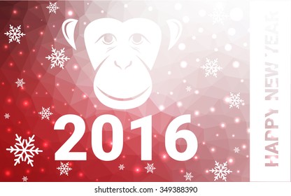 red monkey silhouette postcard low poly style with white snow vector illustration consisting of triangles. Abstract triangular polygonal origami or crystal background of New Years celebration.