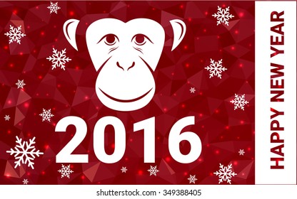 red monkey silhouette postcard low poly style with white snow vector illustration consisting of triangles. Abstract triangular polygonal origami or crystal background of New Years celebration.