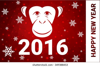 red monkey silhouette postcard low poly style with white snow vector illustration consisting of triangles. Abstract triangular polygonal origami or crystal background of New Years celebration.