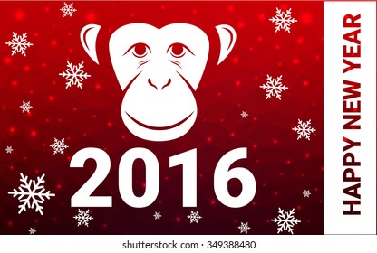 red monkey silhouette postcard low poly style with white snow vector illustration consisting of triangles. Abstract triangular polygonal origami or crystal background of New Years celebration.